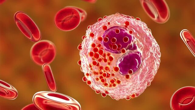 Eosinophil, 3D animation of activated white blood cell releasing granules in blood among red blood cells during allergic or antiparasitic immune response.
