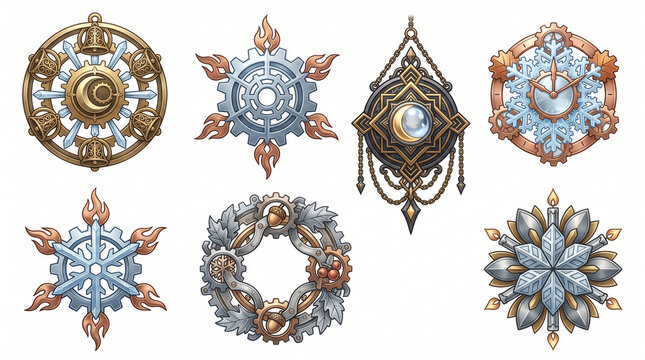 Steampunk Winter Holiday Emblem Icon Set with Mechanical Snowflakes Gears Clock Bells and Metallic Ornaments Isolated on White Background