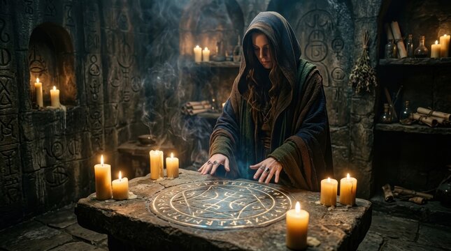 A hooded sorceress casting a spell over a glowing runic stone altar in a dark ancient stone chamber with flickering candles for fantasy storytelling