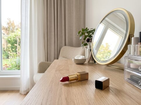 Red lipstick on vanity with mirror, natural light beauty scene for lifestyle content