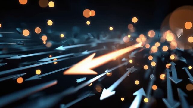 A lone golden arrow streaks forward, illuminating the path for a swarm of grey arrows following behind, symbolizing direction, progress. ..Created with Generative AI, not depicting real subjects.