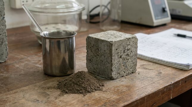 Cured concrete cube with rice husk ash powder and stainless beaker for cement chemistry testing
