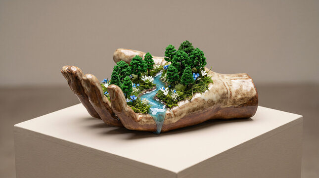 Artistic sculpture of ceramic hand holding miniature forest river landscape with trees and flowers