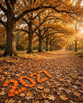 Future Autumn Vision. Number 2027 formed by orange maple leaves on a forest path, seasonal landscape background, seasonal greeting card and calendar design.