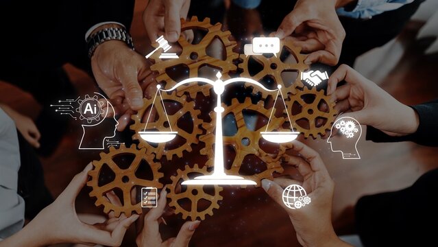 This image represents the intersection of technology and law through gears and a scale, highlighting innovation, collaboration, and the pursuit of justice in a professional context. Raster