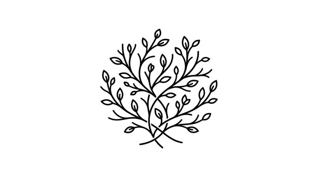 Minimalist line art illustration of tree branches with leaves forming a circular shape, isolated on a white background.
