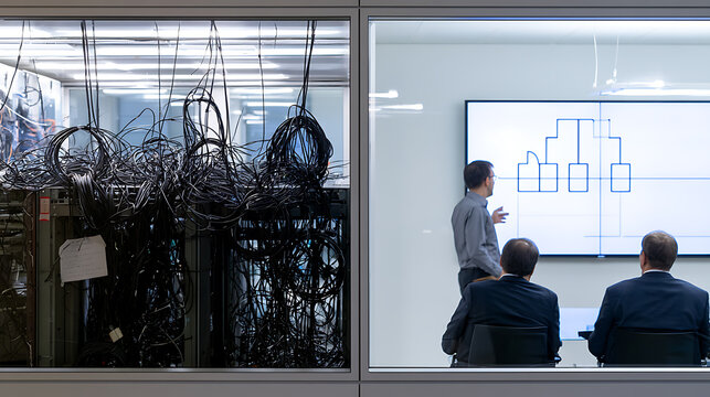 Corporate business team having a professional tech presentation in a modern office room next to a messy server rack full of black data cables