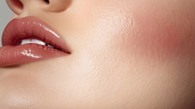 Glossy Lips Closeup Portrait with Smooth Skin, Warm Blush, and Subtle Makeup Detail
