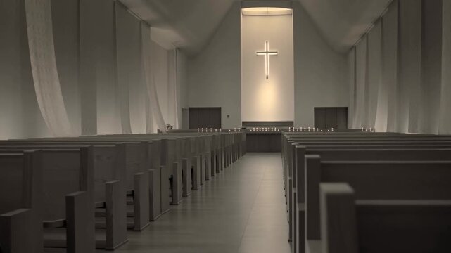Empty church nave with glowing cross, candlelit altar, and symmetrical wooden pews