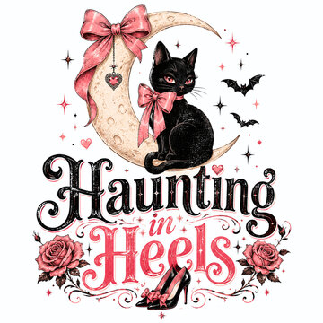 Chic coquette Halloween quote design with black cat, crescent moon, bow details and elegant spooky typography. Haunting in Heels design on white background for sublimation and apparel