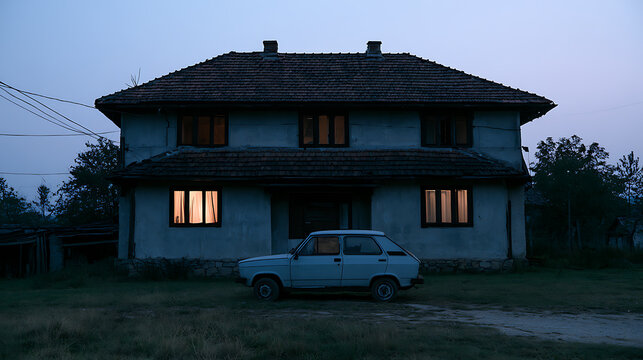 A moody evening shot of a modest two-story rural house with lit windows and an old retro car parked in front during the blue hour twilight