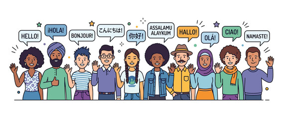 Diverse people greeting in multiple languages, communication concept © roziah