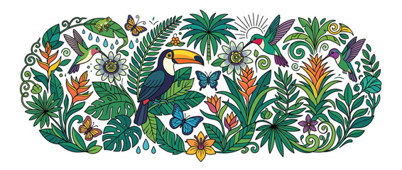 Naklejka premium Exotic Birds and Toucan in Lush Tropical Jungle Foliage