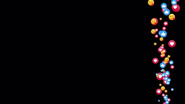 Social Media Reaction Icons Animation with Floating Like, Love and Emoji Symbols, Live Streaming Reactions and Viewer Engagement on Transparent Background in 4K
