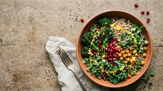 Buddha bowl with roasted broccoli, chickpeas, pomegranate seeds, and grains in a clay bowl, wooden background, healthy vegan meal for diet and nutrition