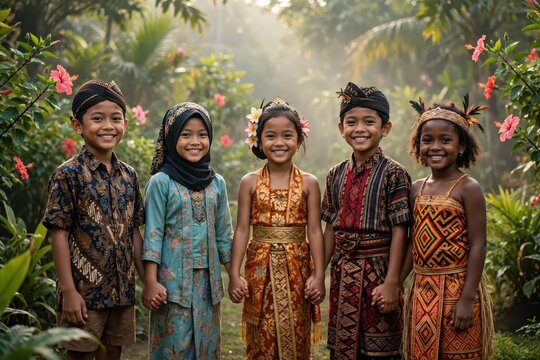 Group of diverse Indonesian children in traditional batik and woven outfits standing together in a lush tropical garden to celebrate cultural heritage and unity