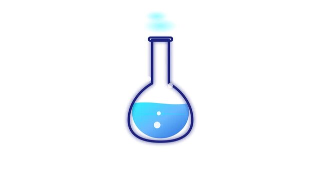 Minimalist Flat Design Vector Illustration of a Glowing Laboratory Glass Erlenmeyer Flask with Chemical Liquid Bubbling for Scientific Research