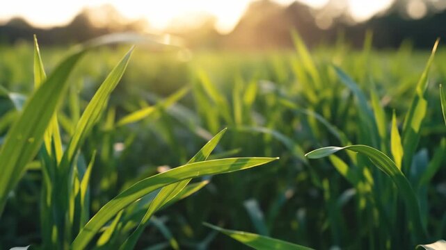 Golden wheat field at sunrise with soft morning light and gentle wind movement.