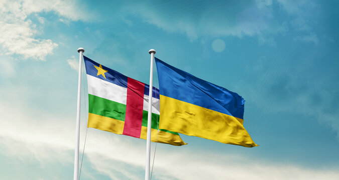Central African Republic and Ukraine friendship flags are waving in the sky. Two country flag for agreement or deal. Central African Republic Ukraine national flag for commitment.