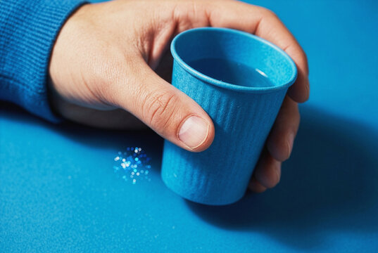 Hand holding a blue paper cup with glitter on a blue surface