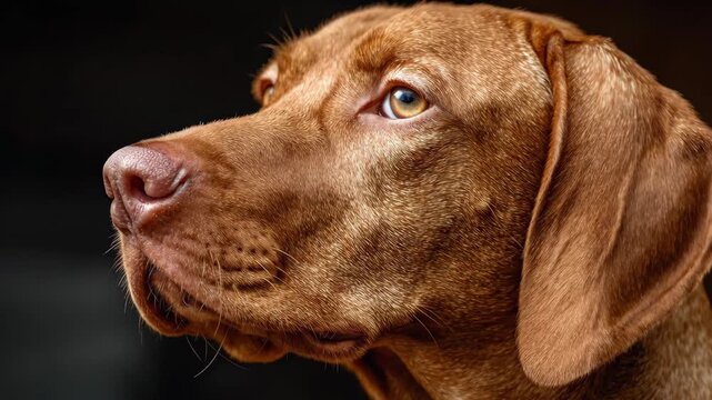 Profile portrait of a Vizsla dog looking away on a dark background.
