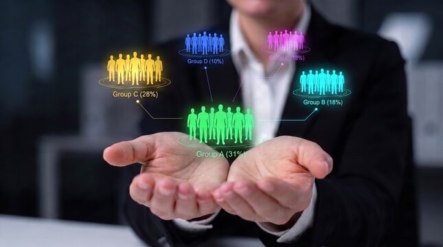 customer profiling and market research workflow showing business executive displaying target group statistics, consumer demographics, and segmentation analytics in open hands.

