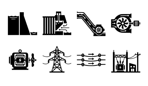 Hydroelectric Energy System Dam Turbine Generator and Power Infrastructure Icons