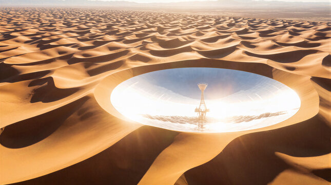 Desert landscape featuring mirrored sand dunes acting as natural parabolic reflectors focusing intense sunlight onto a central glowing tower