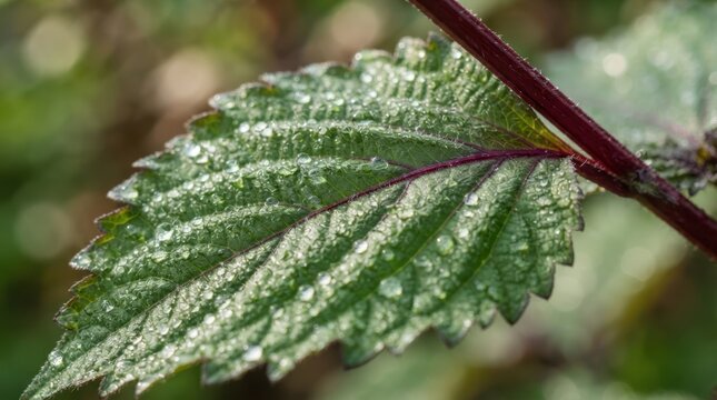 Macro perilla leaf with dew droplets, bright veins, and crimson stem