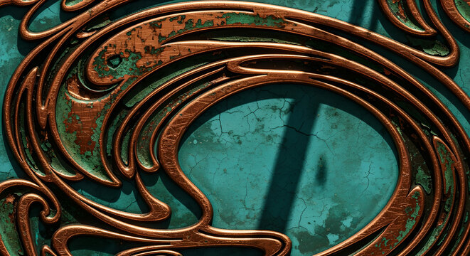 Intricate Art Nouveau inspired copper and verdigris metallic ornament with flowing organic patterns, showcasing aged elegance and ornate craftsmanship on a textured teal background