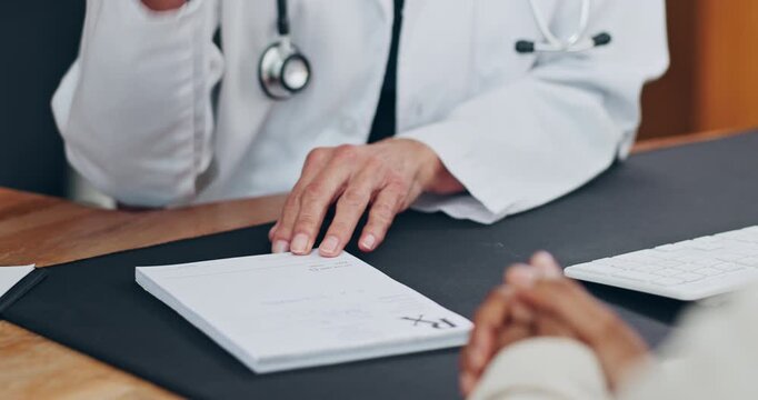 Writing, consulting and doctor with notepad for patient prescription, medicine and treatment plan. Healthcare, appointment and hands of people with paper for instructions, medical service or wellness