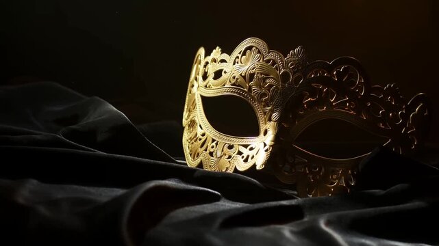 Ornate golden masquerade masks resting on black satin in dramatic low light
