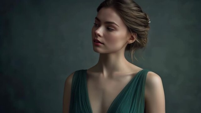Elegant Young Woman Portrait Green Teal Dress, Serene Thoughtful Expression Against Dark Background