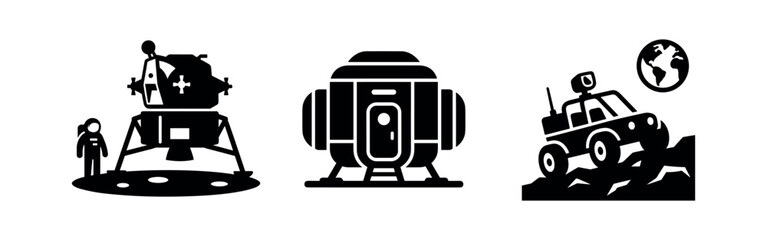 Lunar Exploration and Space Travel Icons: Astronaut, Lander, Rover, and Earth © Lili