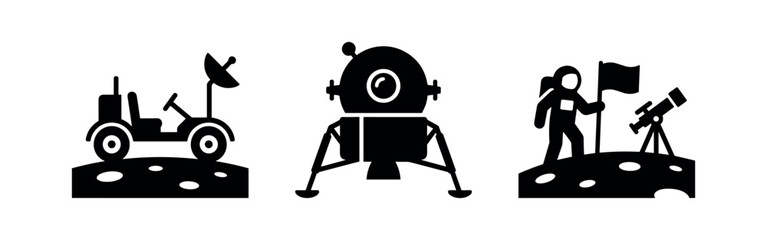 Moon Exploration and Astronaut Icons: Lunar Rover, Lander, and Astronaut with Flag and Telescope © Lili