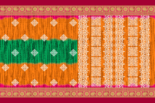 Traditional Indian Saree Layout with Ethnic Decorative Patterns and Ornate Galo Pallav Border Textile Print