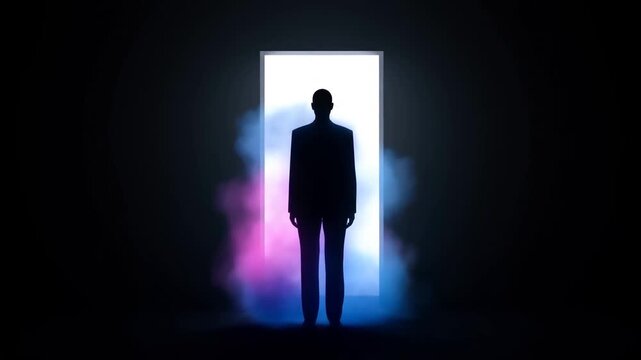 Silhouetted man standing in a dark room before a bright glowing doorway
