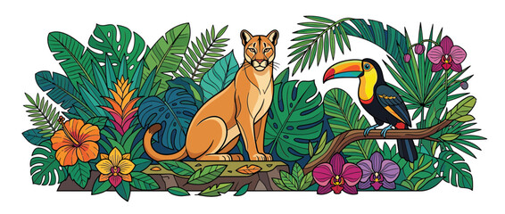 Naklejka premium Feline predator and toucan bird in lush jungle flora