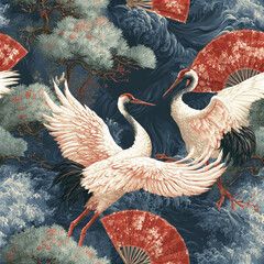 Naklejka premium Luxury oriental seamless pattern featuring red crowned crane with pine tree and red fan, elegant and detailed design