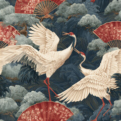 Naklejka premium Luxury oriental seamless pattern featuring red crowned cranes with elegant wings and traditional red fans serene nature setting