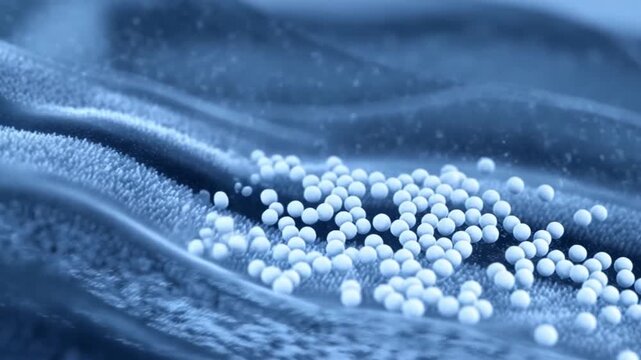 White spherical particles scattered across textured blue surface in closeup view