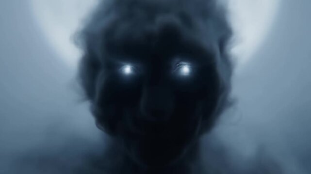 Shadowy figure with glowing eyes emerging through blue fog in dark surroundings