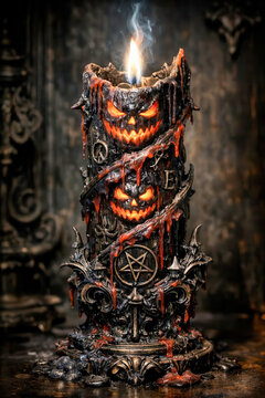 A melting black candle with carved scary faces burns in a dark setting, gothic decor, halloween atmosphere, occult symbol, eerie light. Halloween.