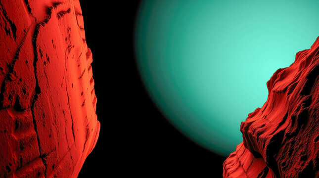 Rough terracotta stone textures frame a glowing smooth teal sphere against a deep black background. Abstract digital art, creative color contrast, futuristic scifi concept.