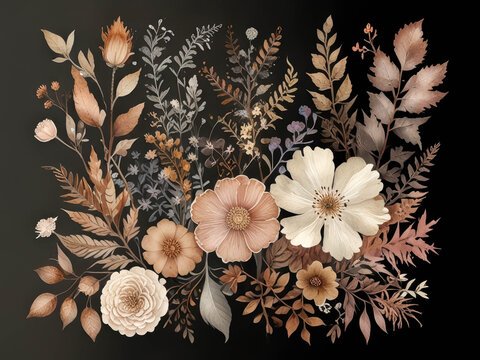 An elegant watercolor illustration features delicate beige flowers and dark foliage on a black background, vintage botanical art, romantic floral design.