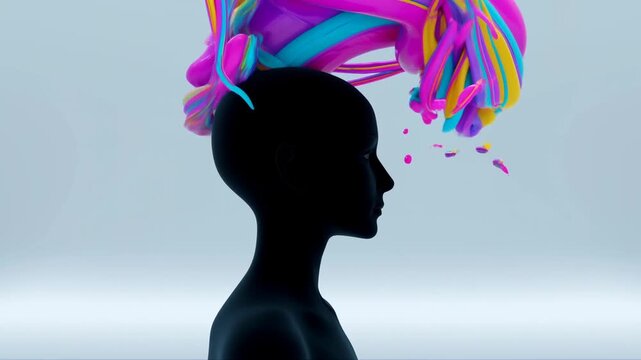 Black humanoid profile with rainbow hair and neon ear ring against blue background