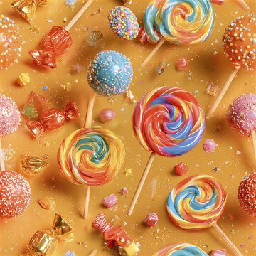 Colorful lollipop and candy pattern with sprinkles and shiny wrappers on orange background creating joyful festive mood