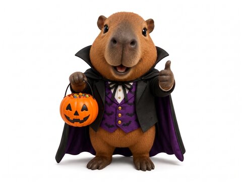 Cute 3D capybara in vampire costume holding Halloween pumpkin candy bucket and showing thumbs up, isolated on white