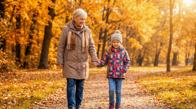 An elderly woman and a young girl walk hand in hand on an autumn path, intergenerational bond, family walk, fall nature, grandmother and granddaughter.