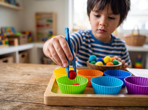 Child using wooden tongs to sort colorful felt balls into cups
